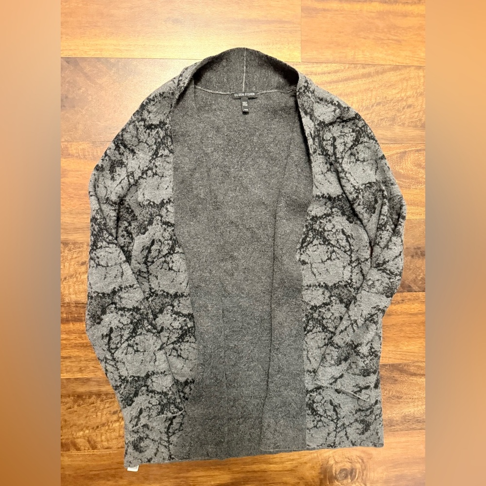 Eileen Fisher Charcoal Open-Knit Wool Cotton Cardigan